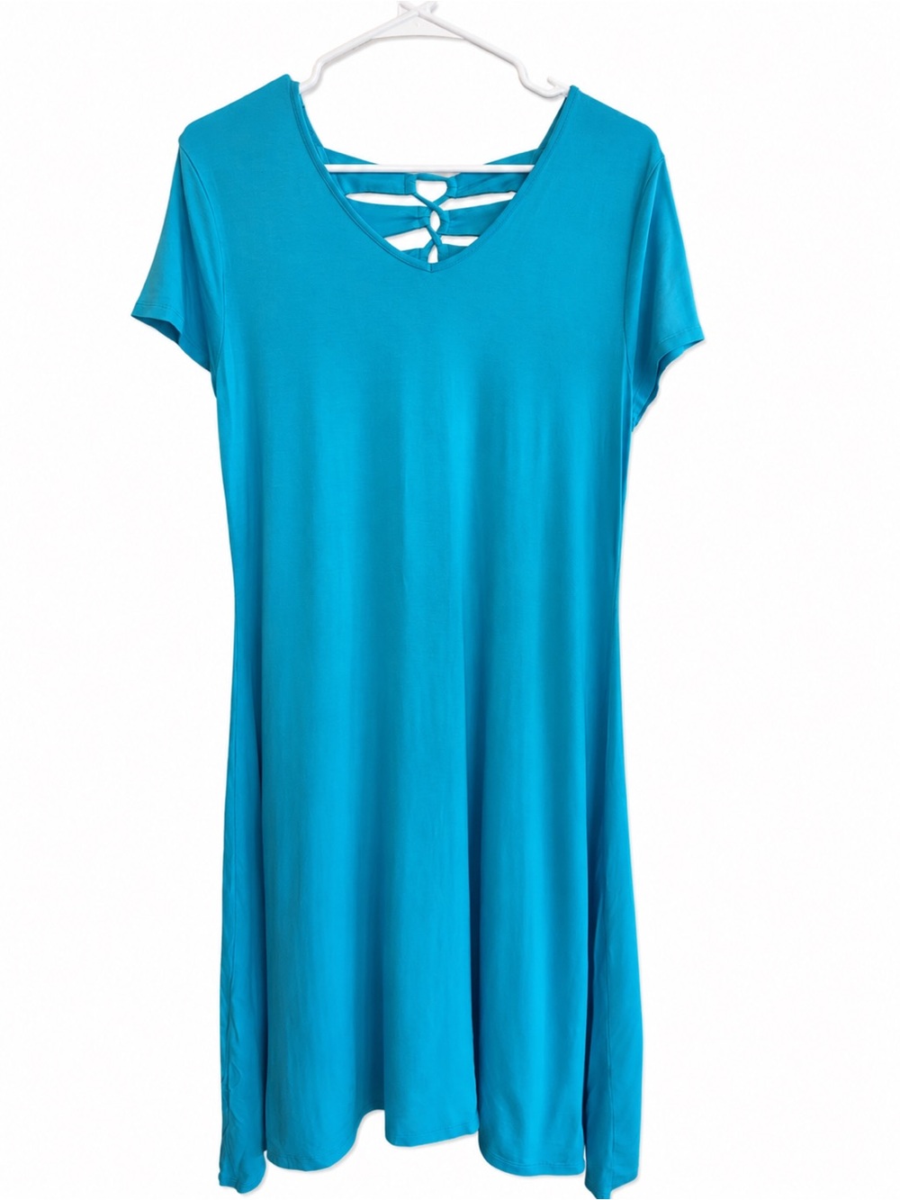 Chico’s 2 Turquoise Blue Dress Lattice Back Stretch Midi